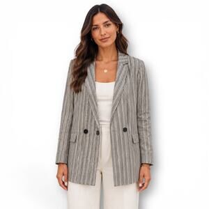 1. State Women's Striped Linen Blazer Jacket Size 6 White Grey Striped Office
